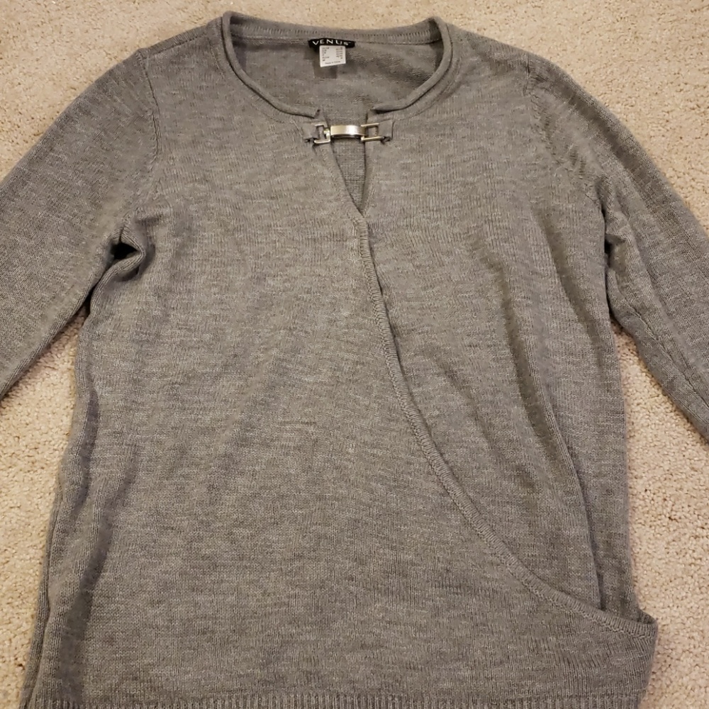 Grey wrap sweater with silver buckle